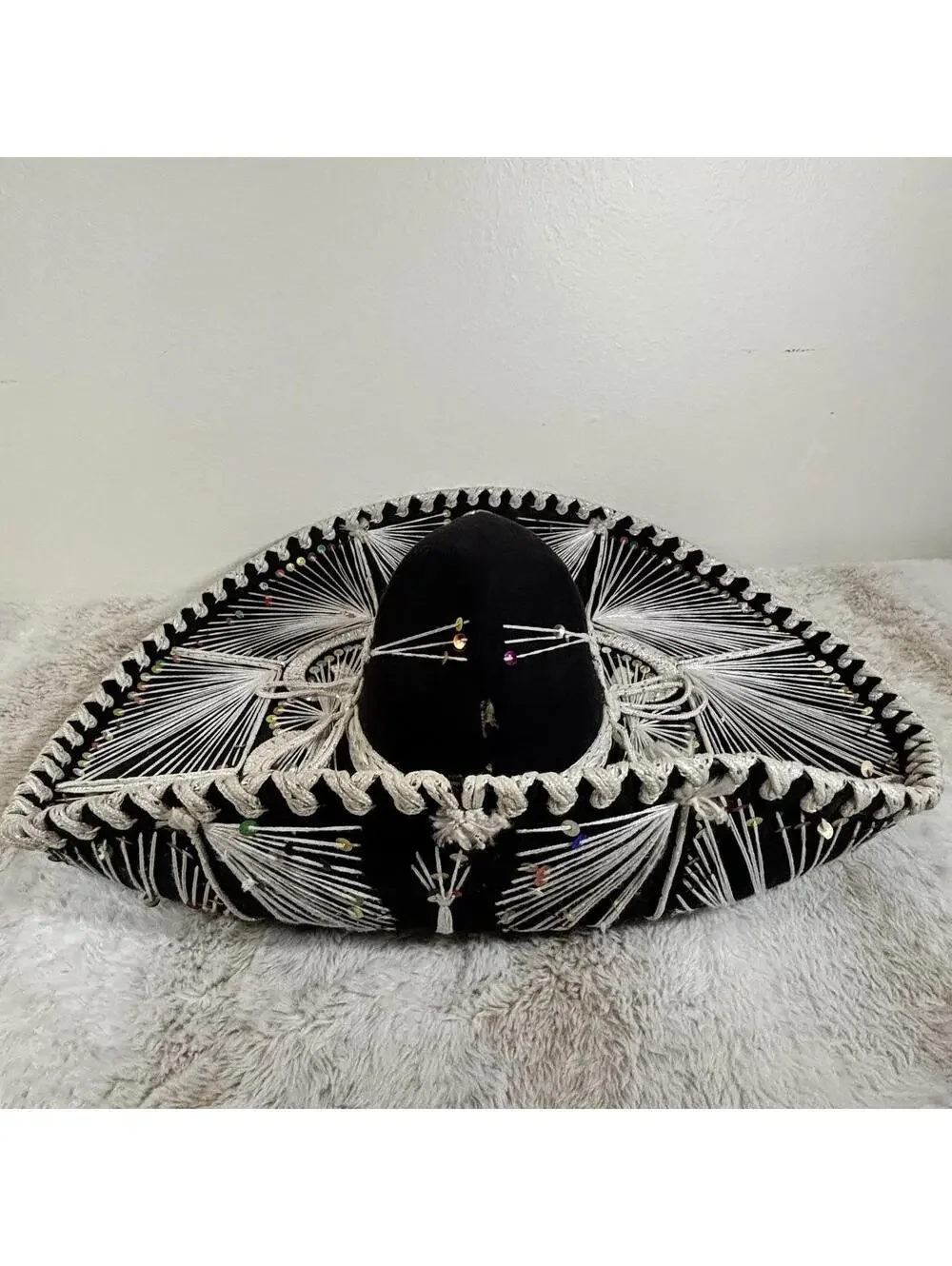 Vintage Mexican Charro Sombrero Hat Black Sequin String Art Made in Mexico